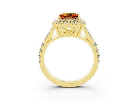 Yellow gold Double Halo Princess Cut Citrine Split Shank Engagement Ring with Four-Prong Setting_3