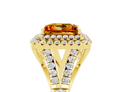 Yellow gold Double Halo Princess Cut Citrine Split Shank Engagement Ring with Four-Prong Setting_5