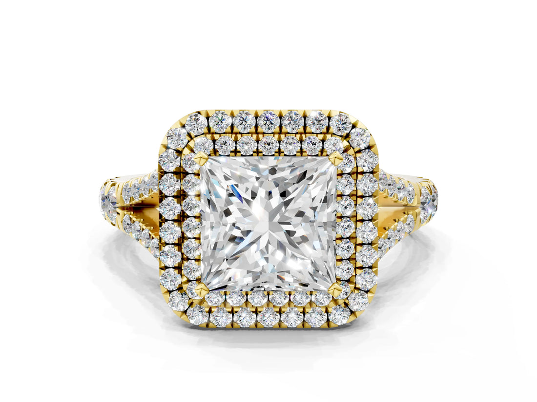 Yellow gold Double Halo Princess Cut Diamond Split Shank Engagement Ring with Four-Prong Setting_7