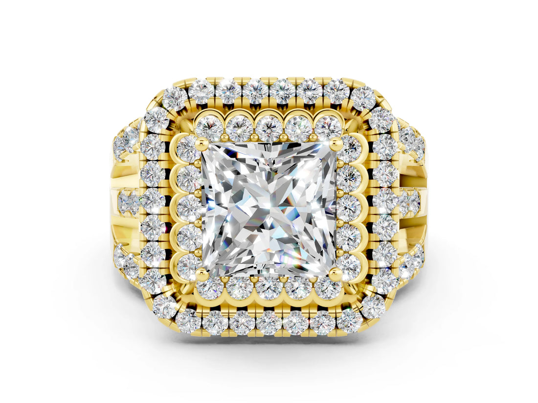 Yellow gold Double Halo Princess Cut Diamond Split Shank Pave Set Ring