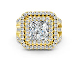 Yellow gold Double Halo Princess Cut Diamond Split Shank Pave Set Ring