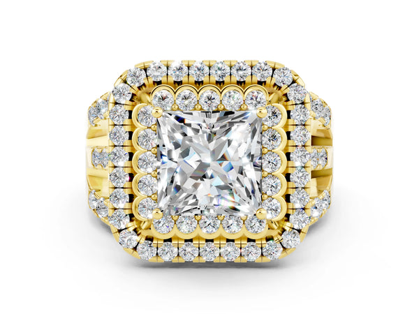 Yellow gold Princess Cut Moissanite Double Halo Ring with Round Pavé Split Shank and Prong Setting
