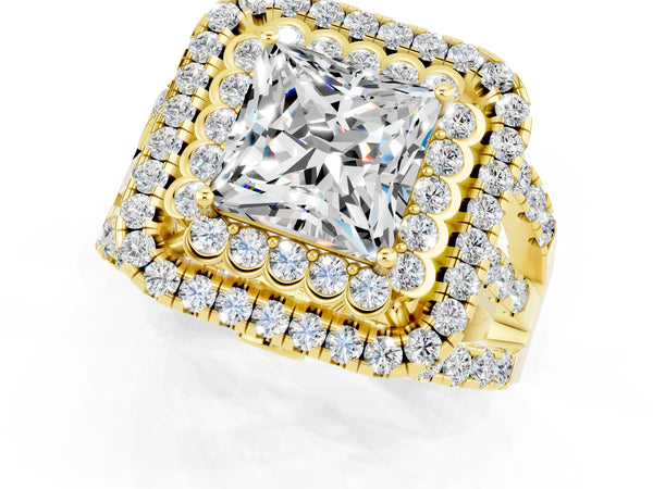 Yellow gold Princess Cut Moissanite Double Halo Ring with Round Pavé Split Shank and Prong Setting