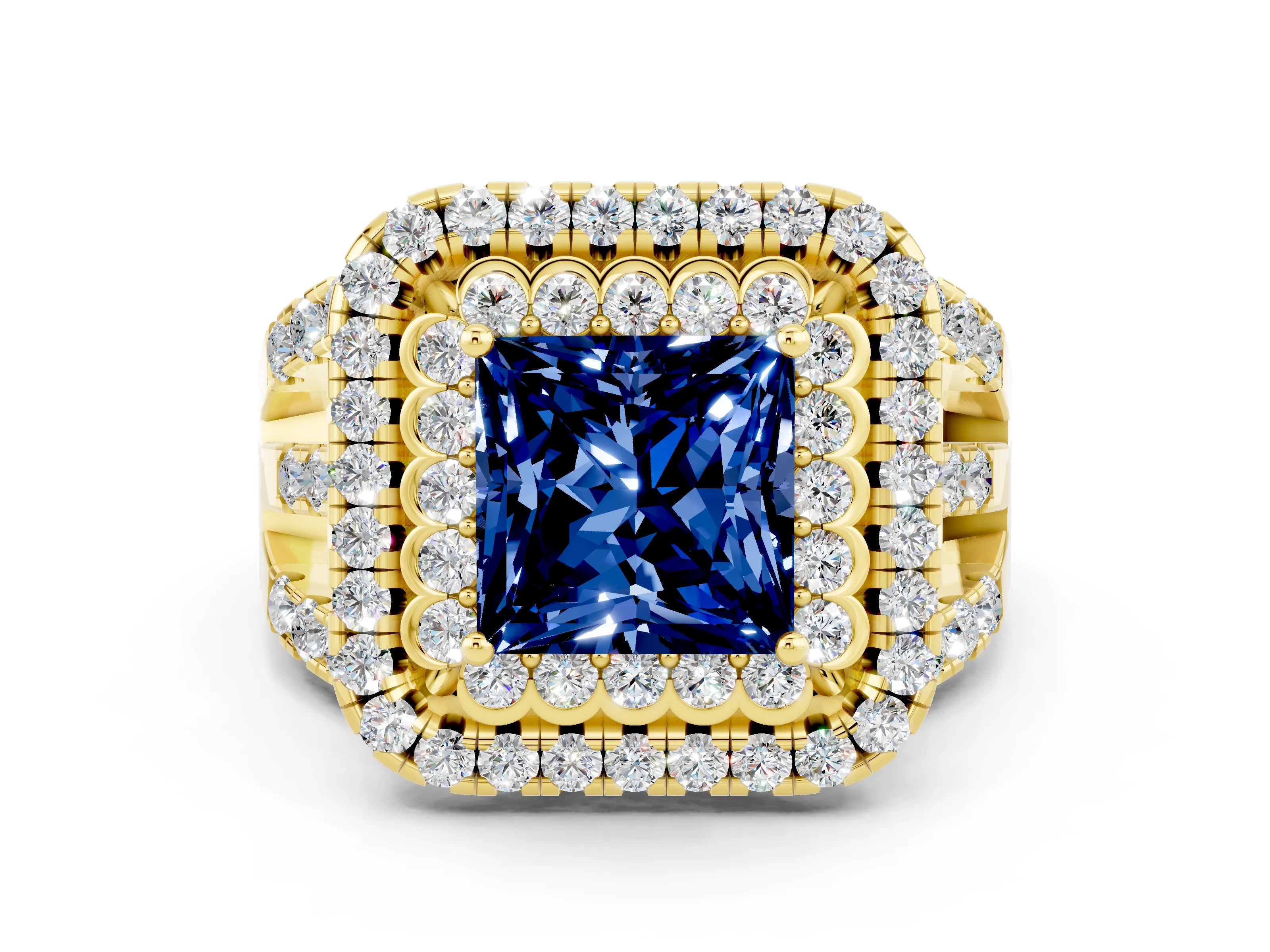 Yellow gold Double Halo Princess Cut Diamond Split Shank Pave Set Ring