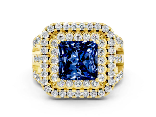 Yellow gold Double Halo Princess Cut Diamond Split Shank Pave Set Ring