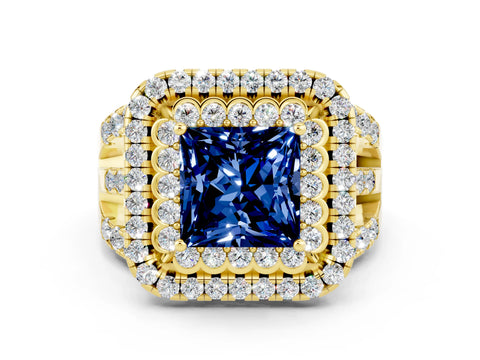 Yellow gold Double Halo Princess Cut Diamond Split Shank Pave Set Ring