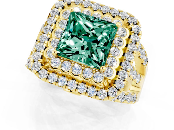 Yellow gold Princess Cut Green Sapphire Double Halo Ring with Round Pavé Split Shank and Prong Setting