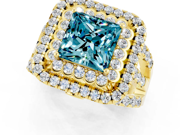 Yellow gold Double Halo Princess Cut Diamond Split Shank Pave Set Ring