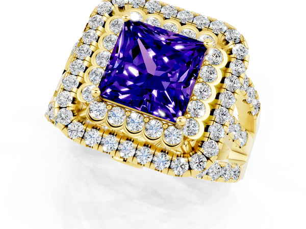 Yellow gold Princess Cut Tanzanite Double Halo Ring with Round Pavé Split Shank and Prong Setting