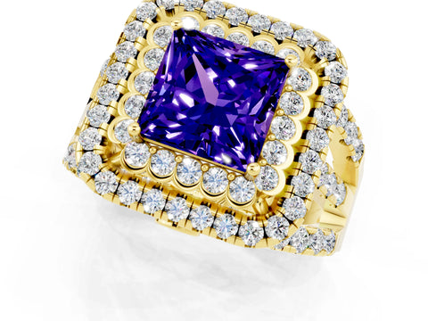 Yellow gold Double Halo Princess Cut Diamond Split Shank Pave Set Ring_1