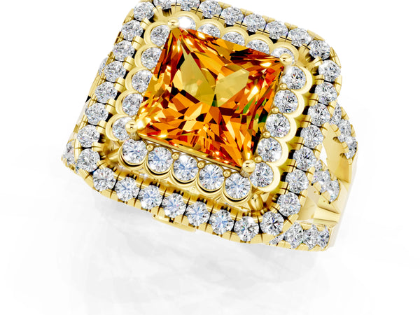Yellow gold Princess Cut Citrine Double Halo Ring with Round Pavé Split Shank and Prong Setting