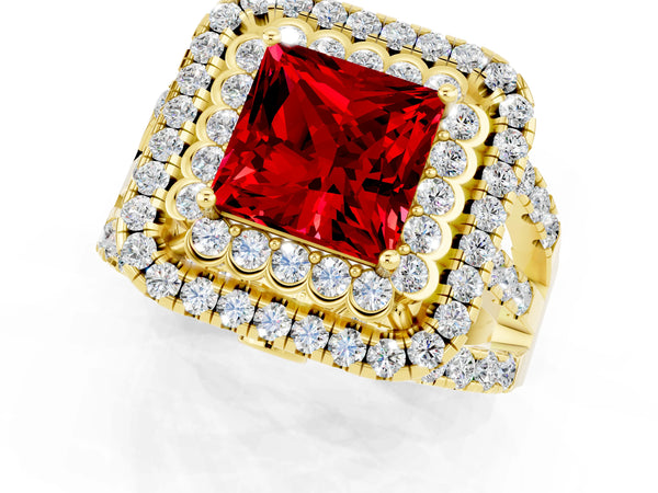 Yellow gold Double Halo Princess Cut Diamond Split Shank Pave Set Ring