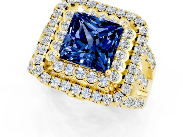 Yellow gold Double Halo Princess Cut Diamond Split Shank Pave Set Ring