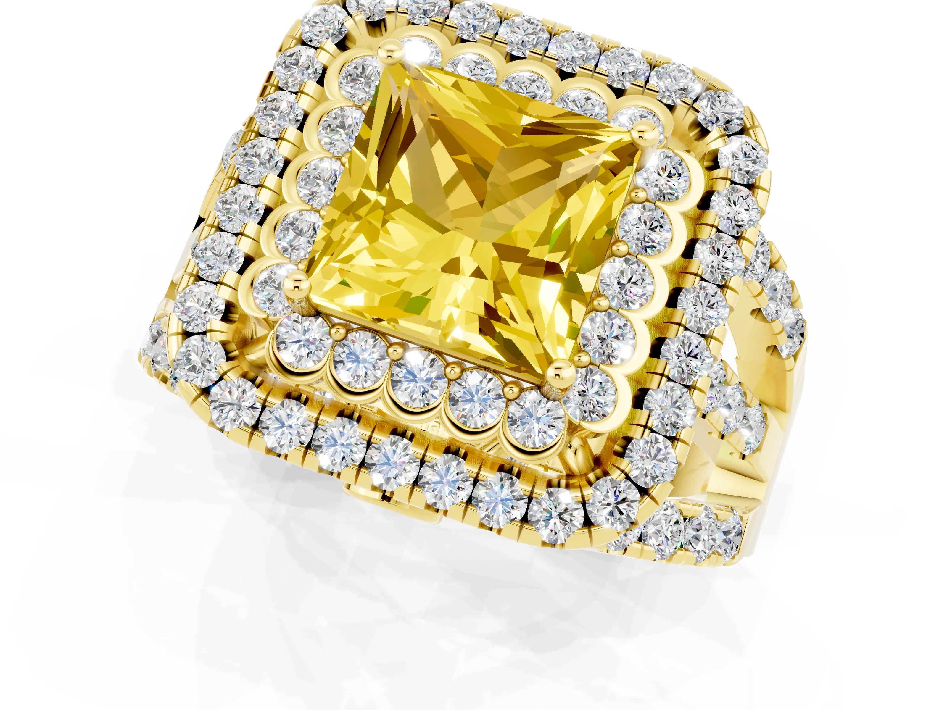 Yellow gold Double Halo Princess Cut Diamond Split Shank Pave Set Ring_1