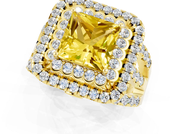 Yellow gold Princess Cut Yellow Sapphire Double Halo Ring with Round Pavé Split Shank and Prong Setting