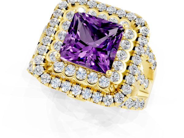 Yellow gold Princess Cut Amethyst Double Halo Ring with Round Pavé Split Shank and Prong Setting