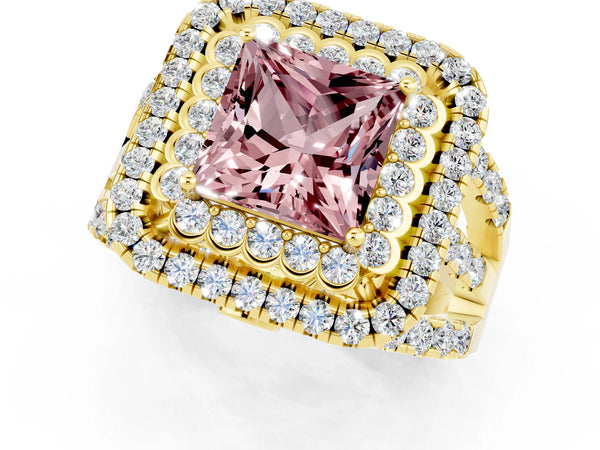 Yellow gold Double Halo Princess Cut Diamond Split Shank Pave Set Ring