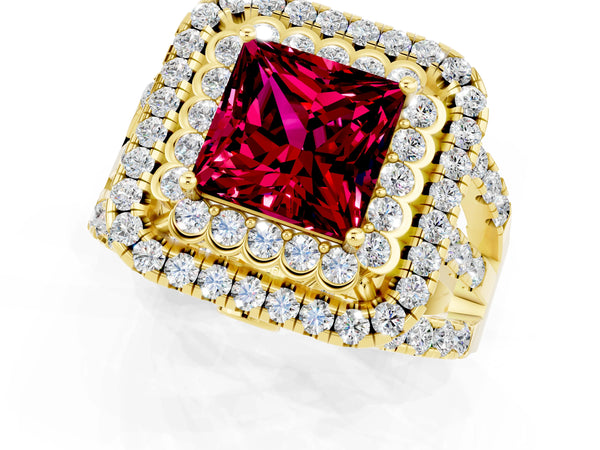 Yellow gold Princess Cut Garnet Double Halo Ring with Round Pavé Split Shank and Prong Setting