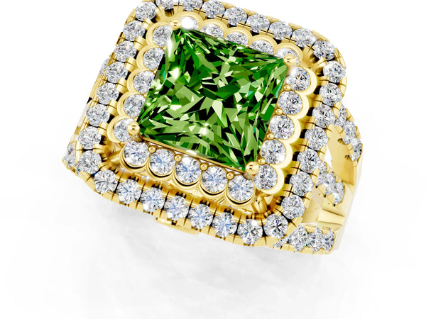 Yellow gold Double Halo Princess Cut Diamond Split Shank Pave Set Ring