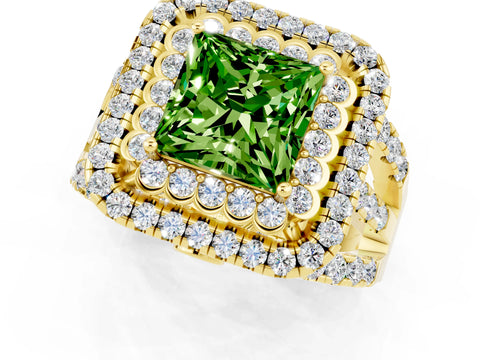 Yellow gold Double Halo Princess Cut Diamond Split Shank Pave Set Ring_1