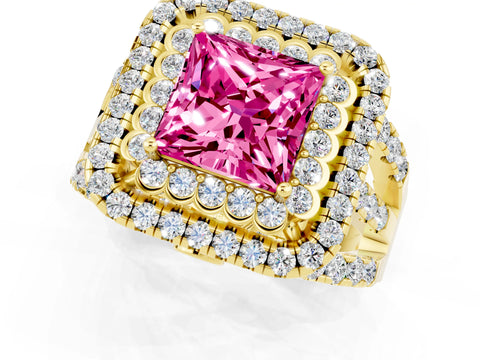 Yellow gold Double Halo Princess Cut Diamond Split Shank Pave Set Ring_1