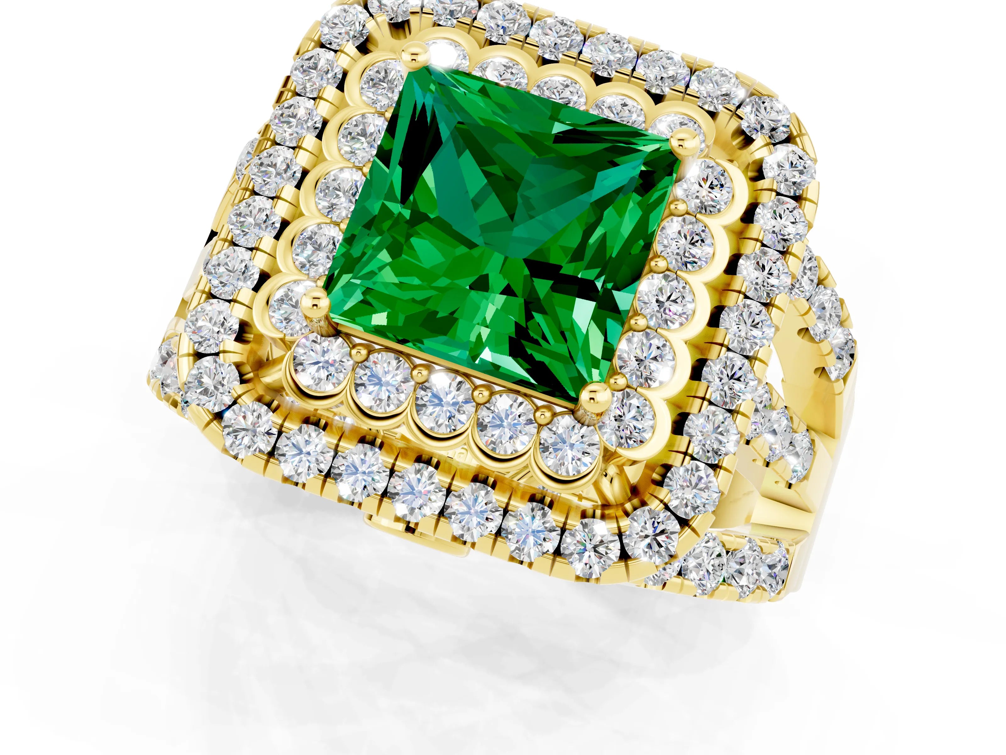 Yellow gold Double Halo Princess Cut Diamond Split Shank Pave Set Ring_1