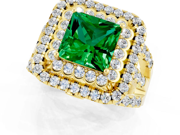 Yellow gold Princess Cut Emerald Double Halo Ring with Round Pavé Split Shank and Prong Setting
