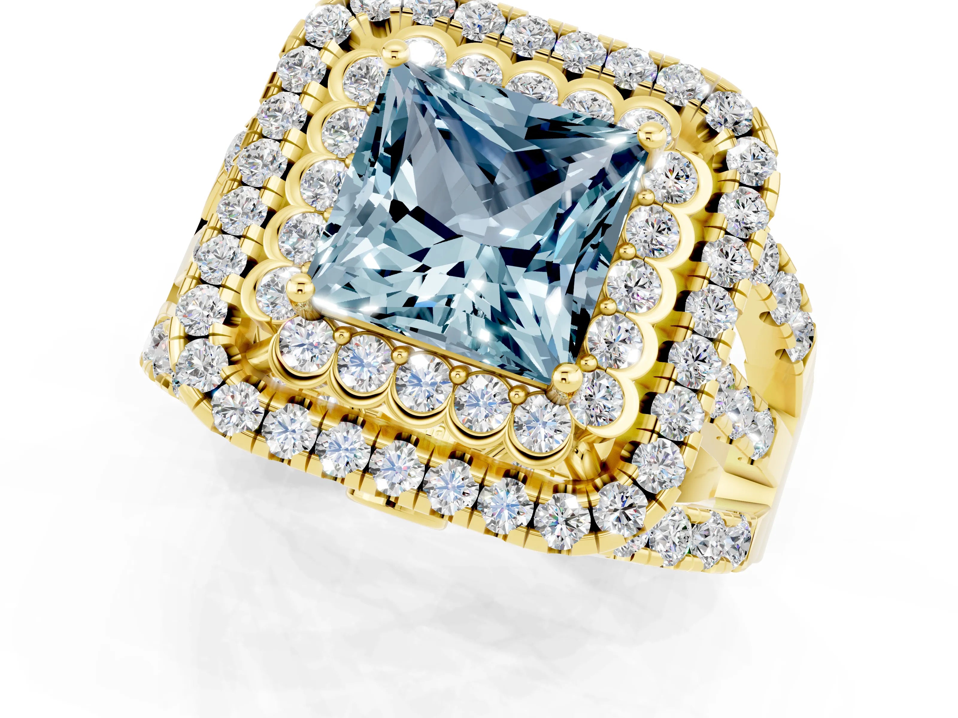 Yellow gold Double Halo Princess Cut Diamond Split Shank Pave Set Ring_1