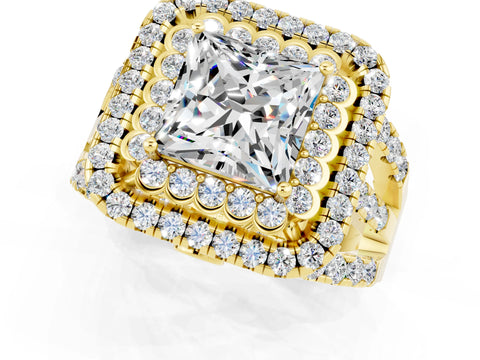 Yellow gold Double Halo Princess Cut Diamond Split Shank Pave Set Ring_1