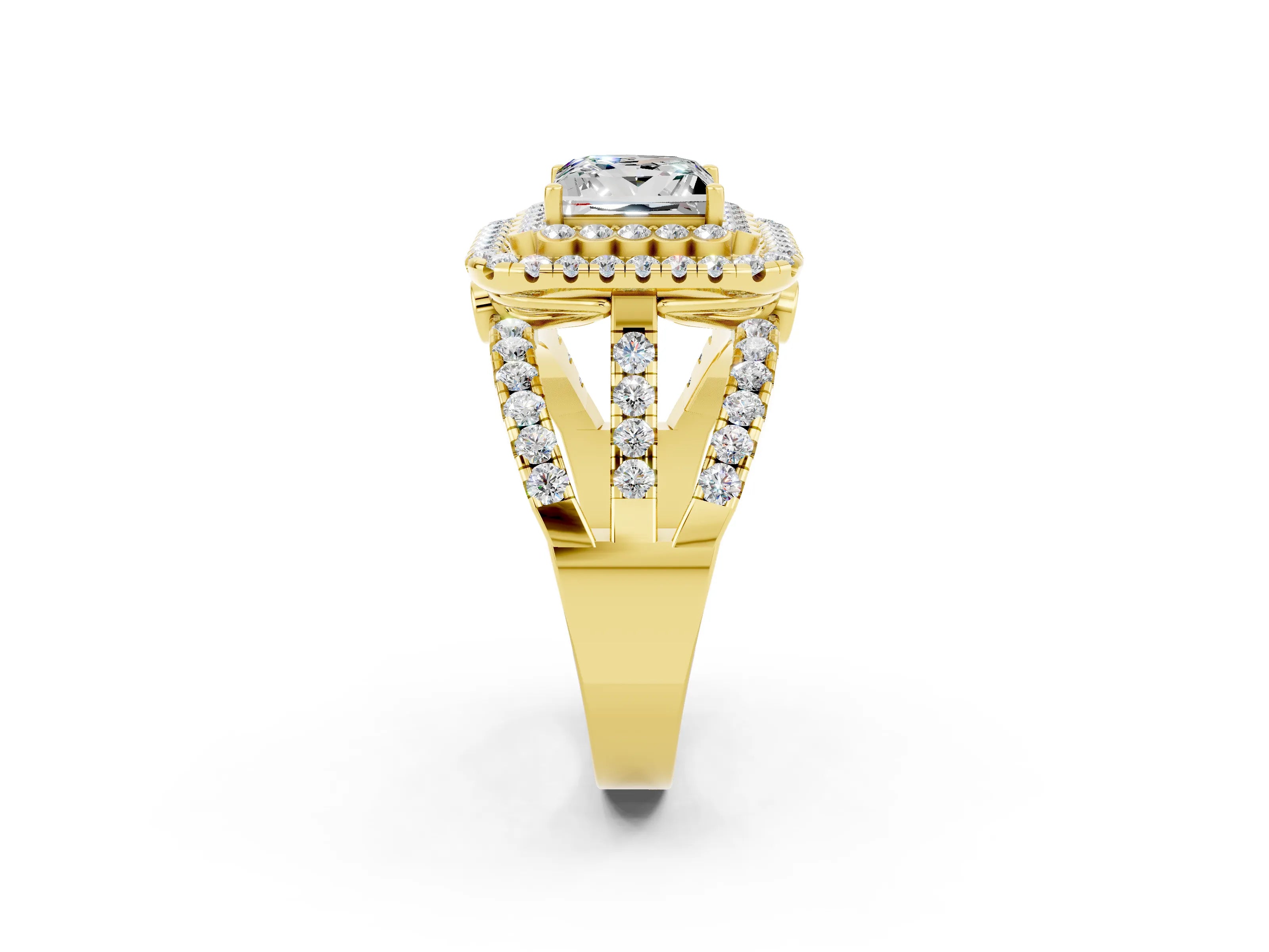 Yellow gold Double Halo Princess Cut Diamond Split Shank Pave Set Ring_2