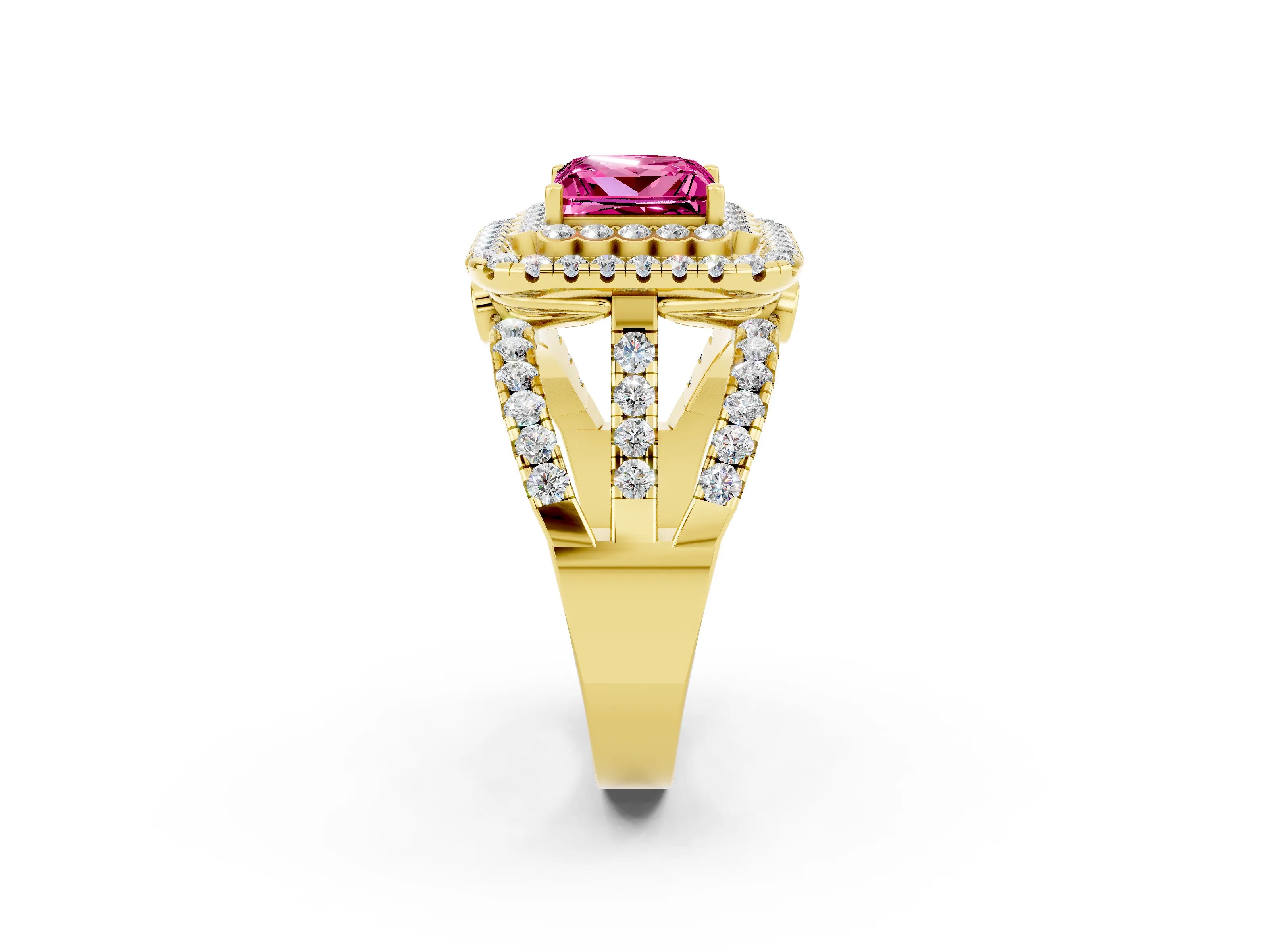 Yellow gold Double Halo Princess Cut Diamond Split Shank Pave Set Ring_2