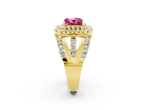 Yellow gold Double Halo Princess Cut Diamond Split Shank Pave Set Ring_2