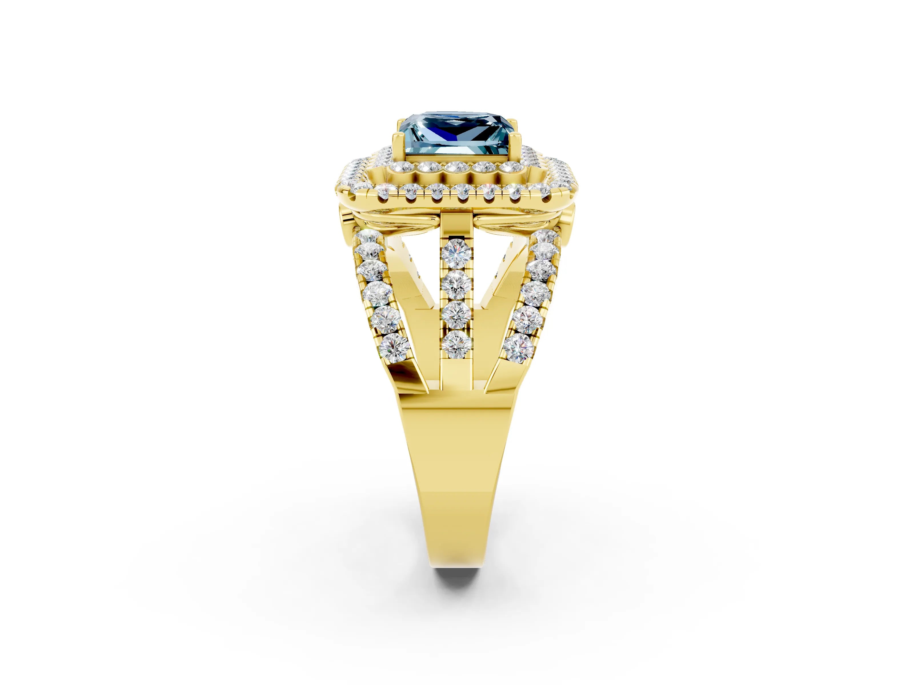 Yellow gold Double Halo Princess Cut Diamond Split Shank Pave Set Ring_2