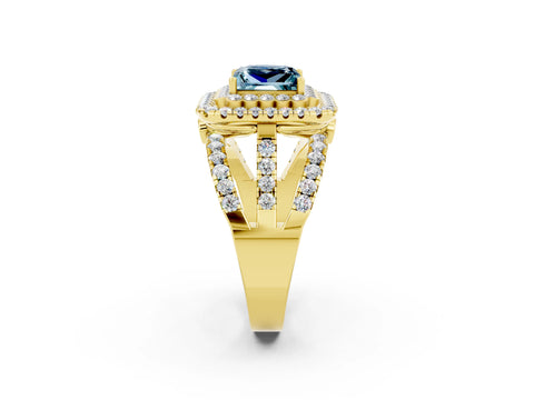 Yellow gold Double Halo Princess Cut Diamond Split Shank Pave Set Ring_2