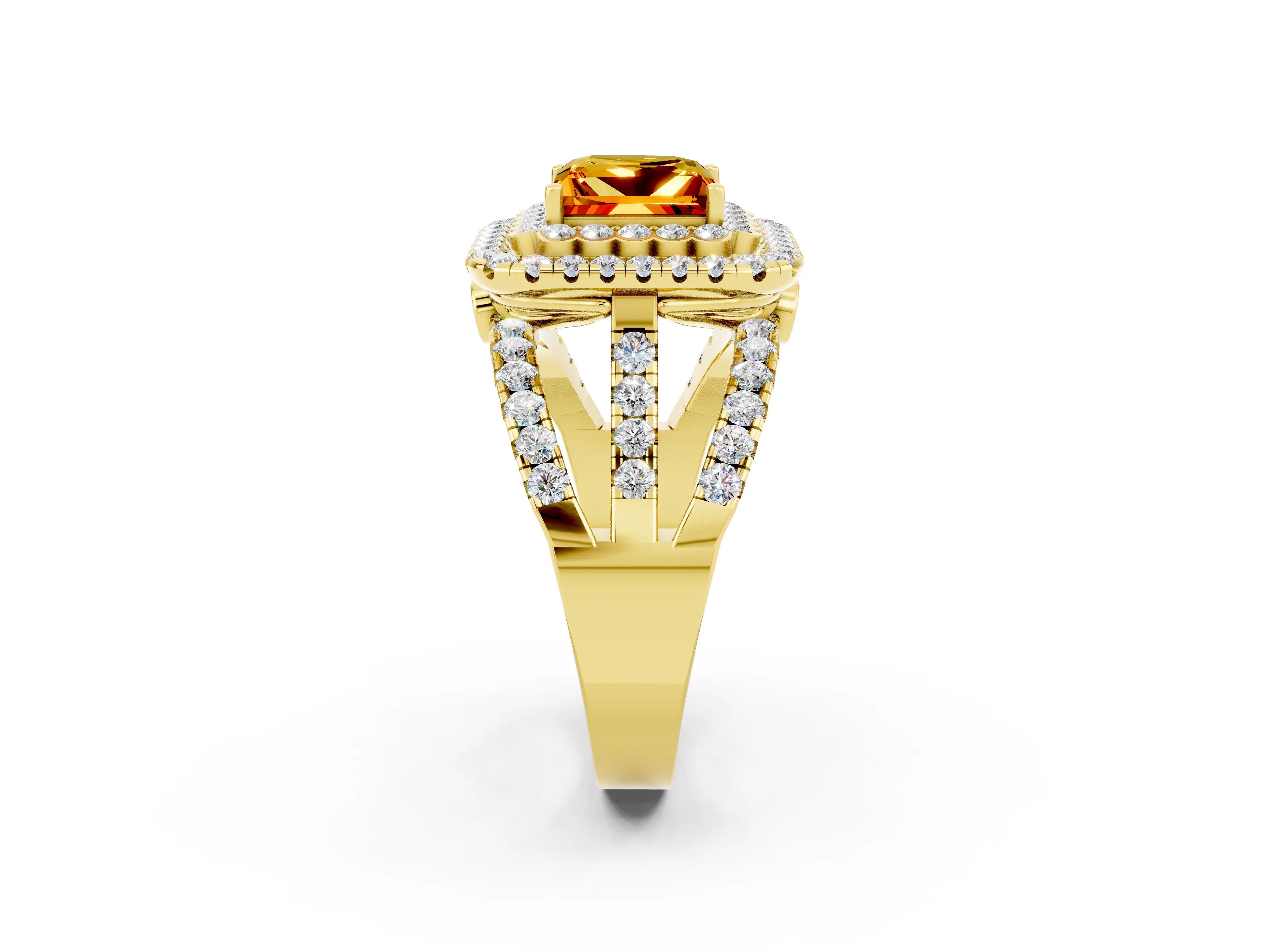 Yellow gold Double Halo Princess Cut Diamond Split Shank Pave Set Ring_2
