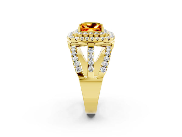 Yellow gold Princess Cut Citrine Double Halo Ring with Round Pavé Split Shank and Prong Setting