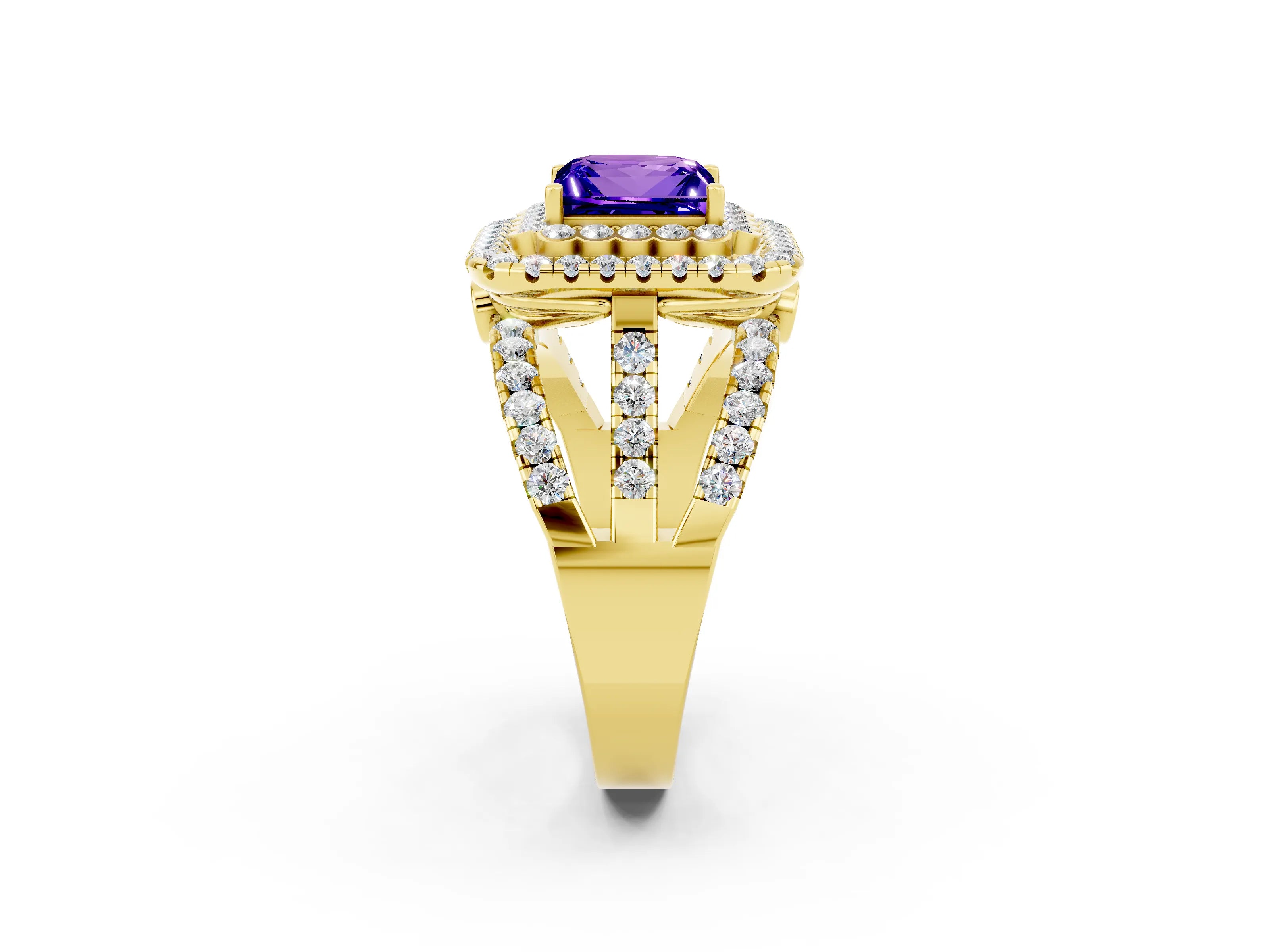 Yellow gold Double Halo Princess Cut Diamond Split Shank Pave Set Ring_2