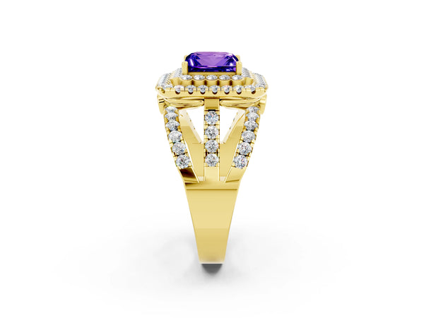 Yellow gold Princess Cut Tanzanite Double Halo Ring with Round Pavé Split Shank and Prong Setting