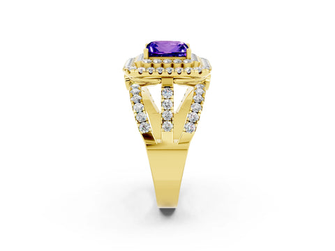 Yellow gold Double Halo Princess Cut Diamond Split Shank Pave Set Ring_2