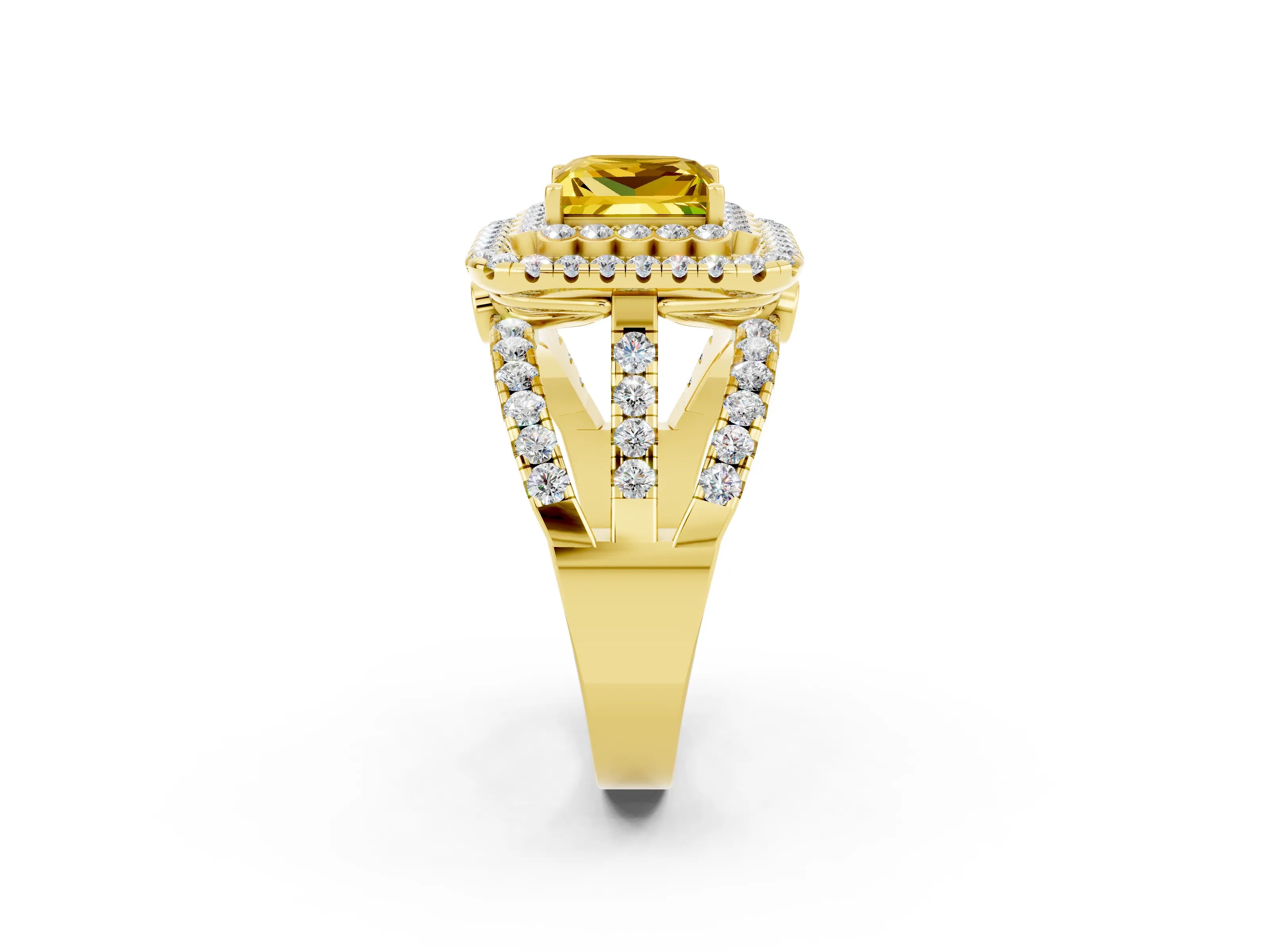 Yellow gold Double Halo Princess Cut Diamond Split Shank Pave Set Ring_2