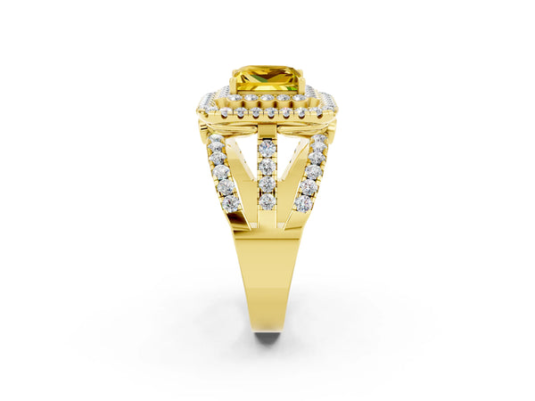Yellow gold Princess Cut Yellow Sapphire Double Halo Ring with Round Pavé Split Shank and Prong Setting