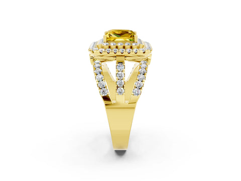 Yellow gold Double Halo Princess Cut Diamond Split Shank Pave Set Ring_2
