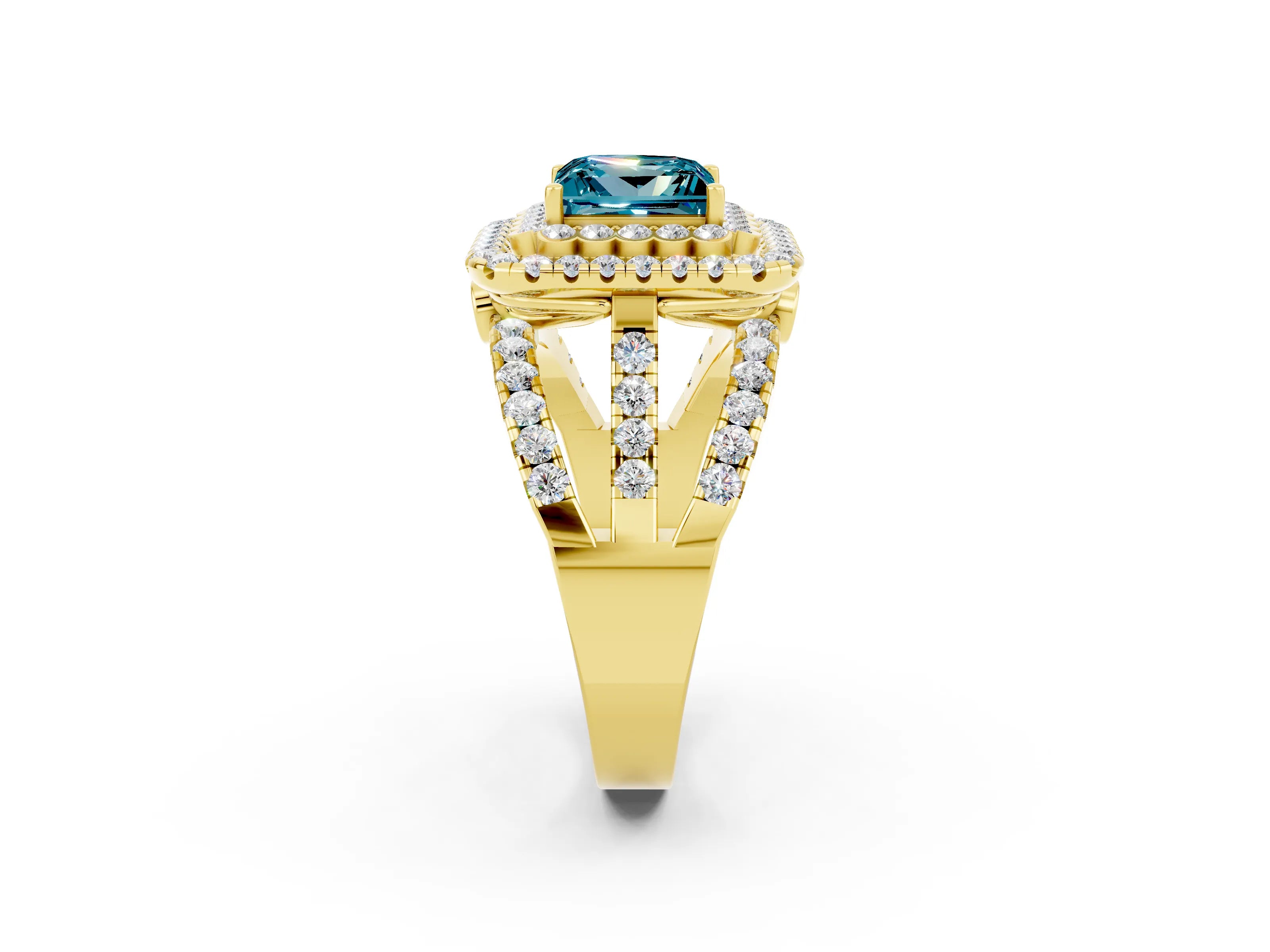 Yellow gold Double Halo Princess Cut Diamond Split Shank Pave Set Ring_2