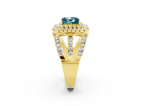 Yellow gold Double Halo Princess Cut Diamond Split Shank Pave Set Ring
