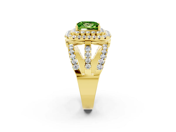 Yellow gold Double Halo Princess Cut Diamond Split Shank Pave Set Ring