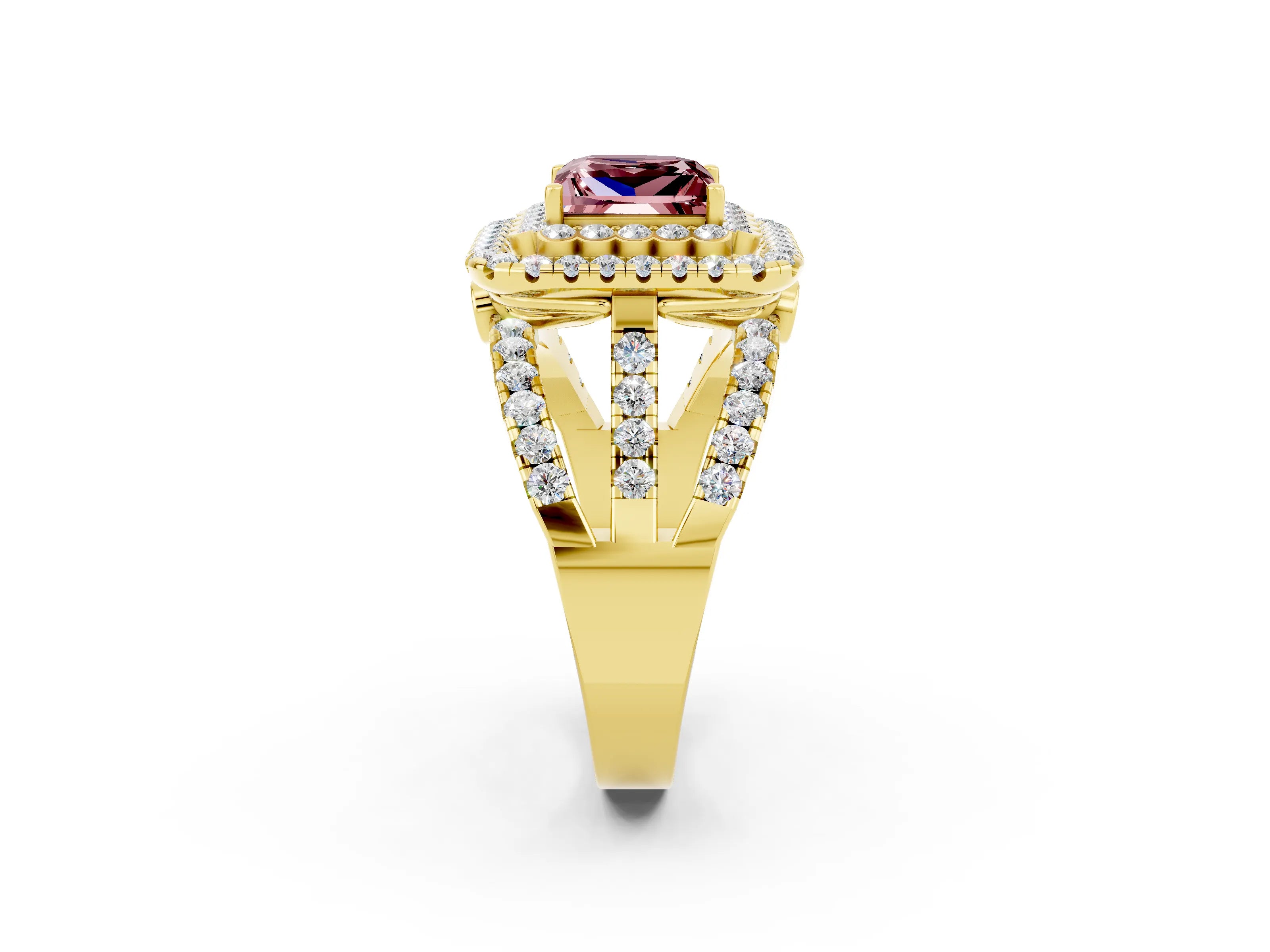 Yellow gold Double Halo Princess Cut Diamond Split Shank Pave Set Ring_2