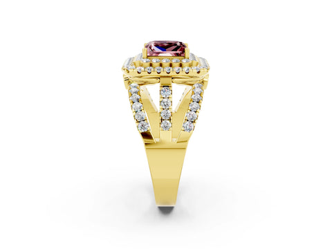 Yellow gold Double Halo Princess Cut Diamond Split Shank Pave Set Ring_2