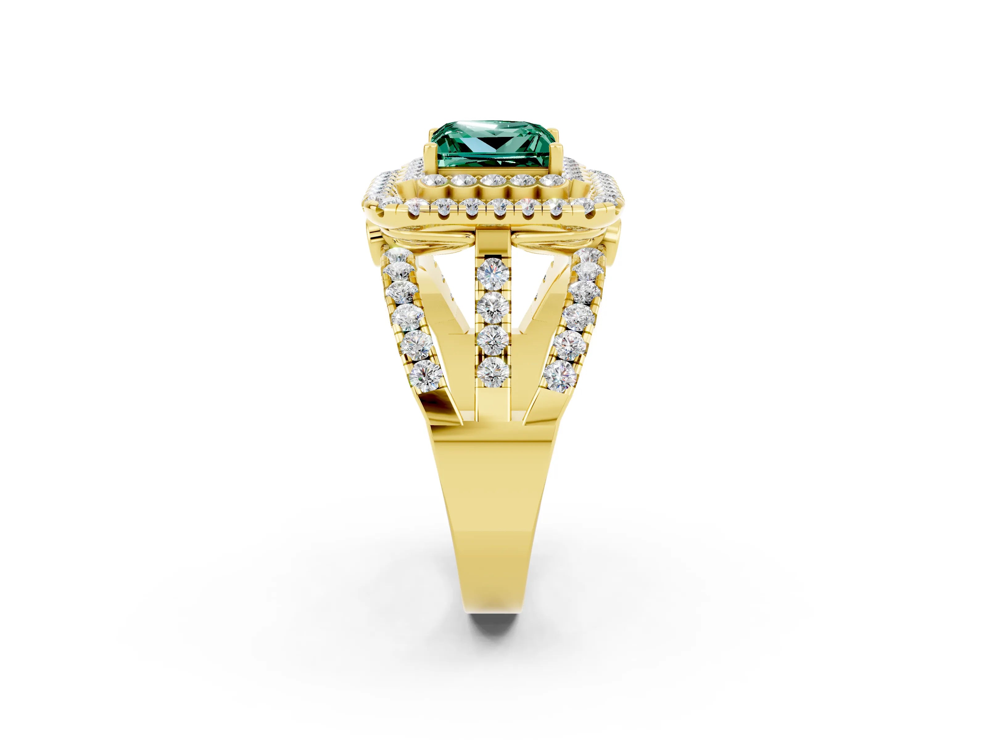 Yellow gold Double Halo Princess Cut Diamond Split Shank Pave Set Ring_2
