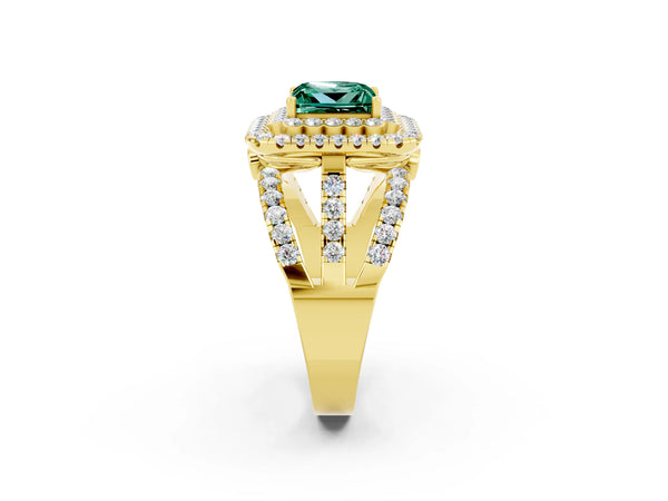 Yellow gold Princess Cut Green Sapphire Double Halo Ring with Round Pavé Split Shank and Prong Setting
