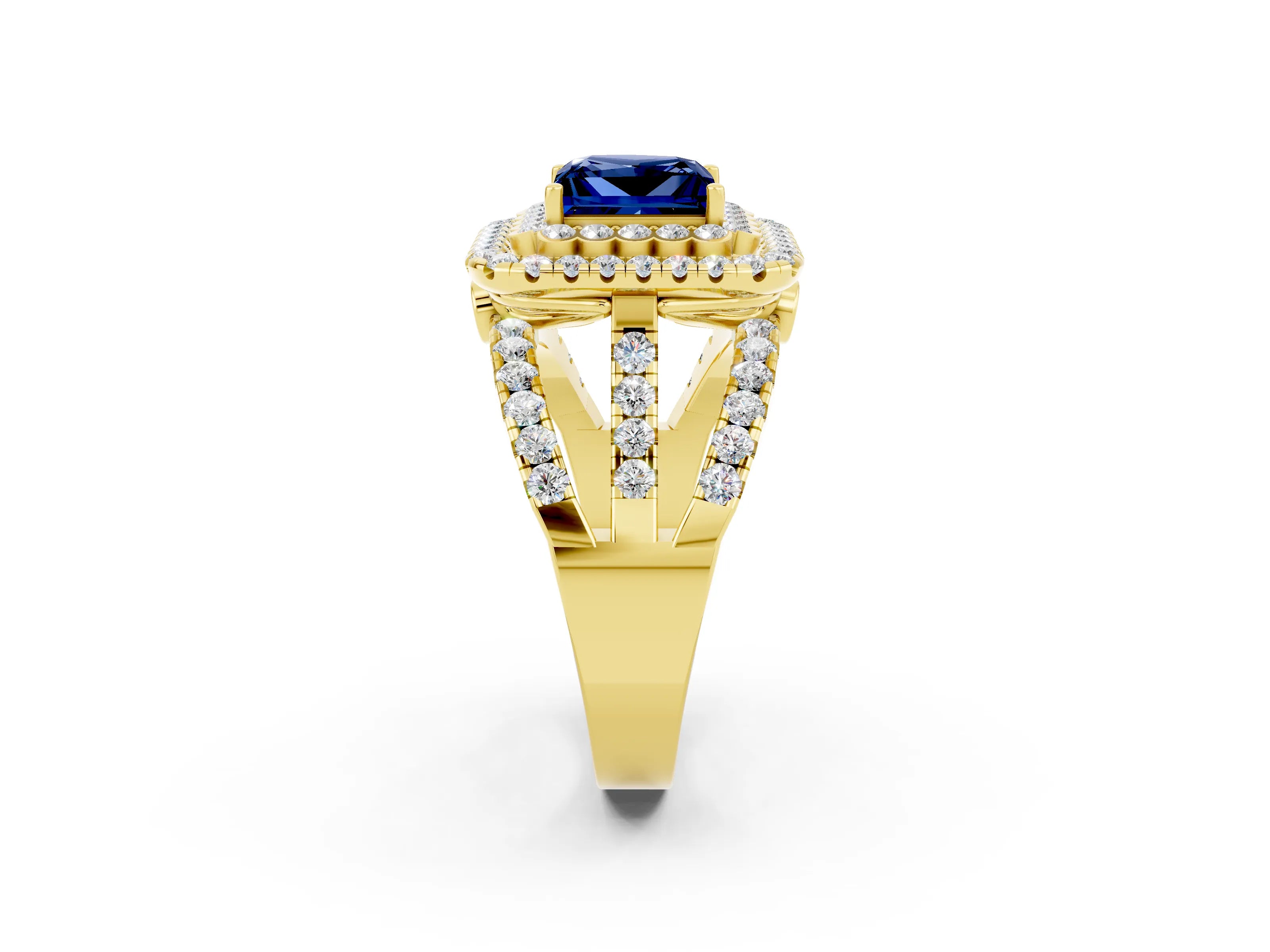 Yellow gold Double Halo Princess Cut Diamond Split Shank Pave Set Ring_2